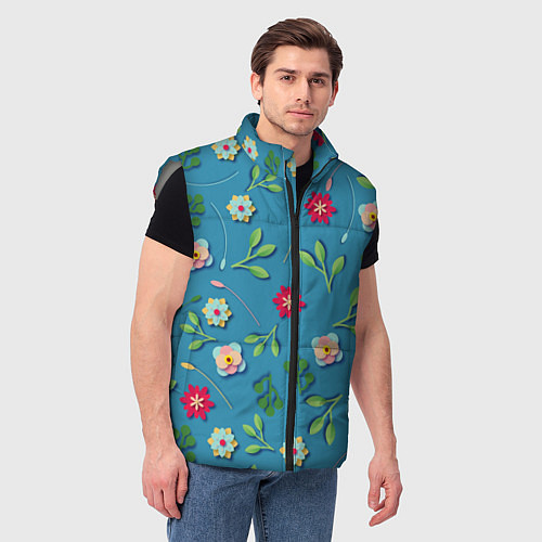Мужской жилет Цветы и зеленые веточки / 3D-Светло-серый – фото 3