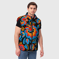Мужской жилет Хохломская роспись разноцветные цветы на чёроном ф, цвет: 3D-красный — фото 2