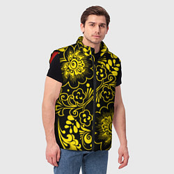 Мужской жилет Хохломская роспись золотые цветы на чёроном фоне, цвет: 3D-красный — фото 2