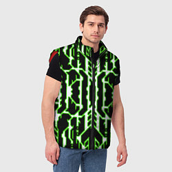 Мужской жилет Техно белые линии с зелёной обводкой на чёрном фон, цвет: 3D-красный — фото 2
