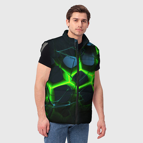 Мужской жилет Зеленый неон и разлом плит / 3D-Светло-серый – фото 3