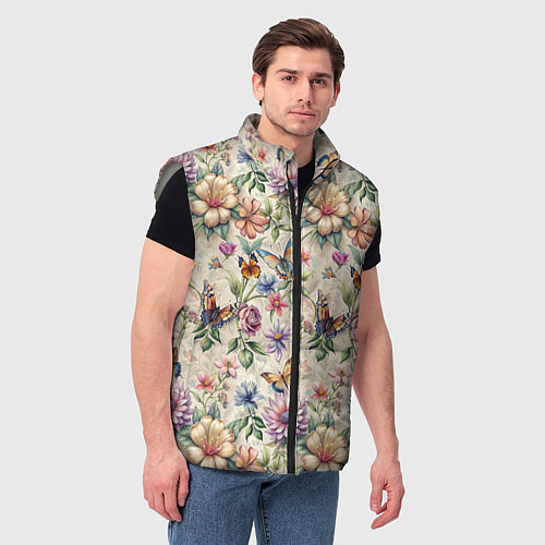 Мужской жилет Летний узор с цветами и бабочками / 3D-Светло-серый – фото 3