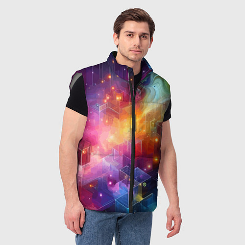 Мужской жилет Геометрический неоновый космос - нейросеть / 3D-Светло-серый – фото 3