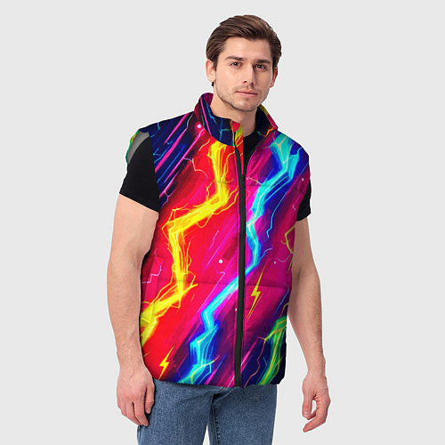 Мужской жилет Абстракция из неоновых молний - нейроарт / 3D-Светло-серый – фото 3