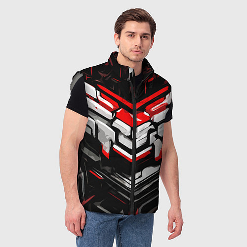 Мужской жилет Красно-белая агрессивная абстракция на чёрном фоне / 3D-Светло-серый – фото 3