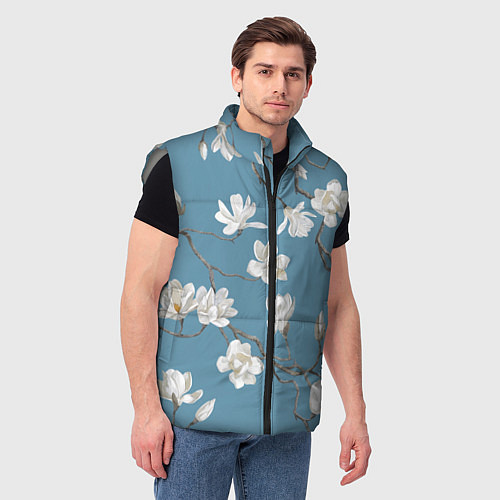 Мужской жилет Цветы акварелью ветки магнолии / 3D-Светло-серый – фото 3