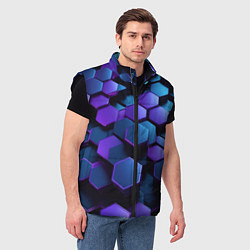 Мужской жилет Трехмерные фиолетовые шестиугольники, цвет: 3D-черный — фото 2