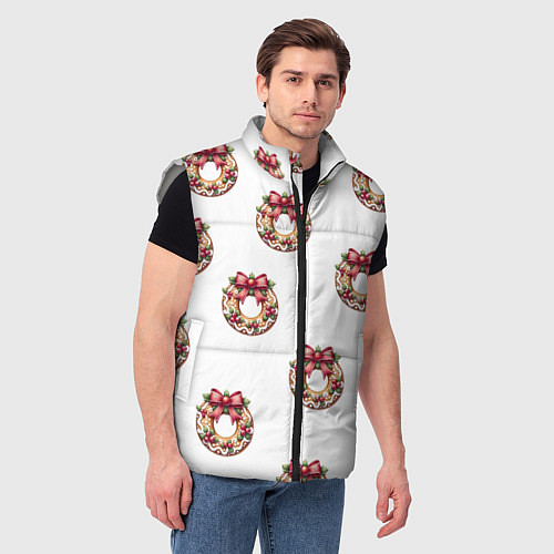 Мужской жилет Много новогодних пончиков с бантиком и ягодами / 3D-Светло-серый – фото 3