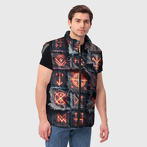 Мужской жилет Символы викингов на пэчворк джинсах / 3D-Светло-серый – фото 3