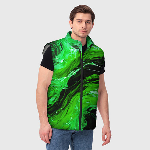 Мужской жилет Зелёные брызги на чёрном фоне / 3D-Светло-серый – фото 3