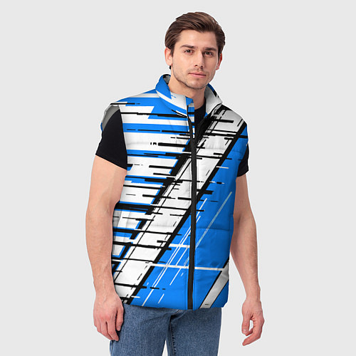 Мужской жилет Чёрно-белые глитч полосы на синем фоне / 3D-Светло-серый – фото 3