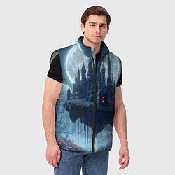Мужской жилет Замок Дракулы и неоновые грибы - нейроарт фантазия, цвет: 3D-светло-серый — фото 2