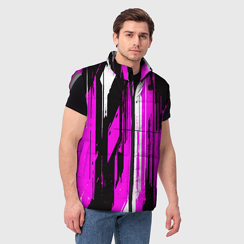 Мужской жилет Вертикальные чёрно-белые линии на розовом фоне / 3D-Светло-серый – фото 3