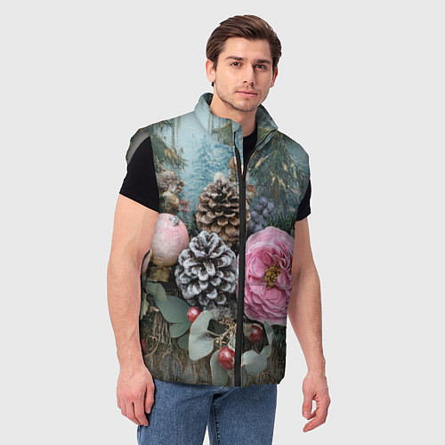 Мужской жилет Новогодние цветы и шишки / 3D-Светло-серый – фото 3