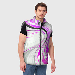 Мужской жилет Волнистые чёрно-фиолетовые линии на белом фоне, цвет: 3D-светло-серый — фото 2