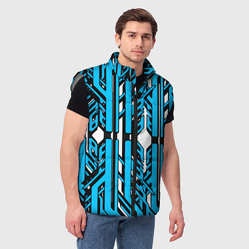 Мужской жилет Чёрно-синие техно полосы на белом фоне / 3D-Светло-серый – фото 3