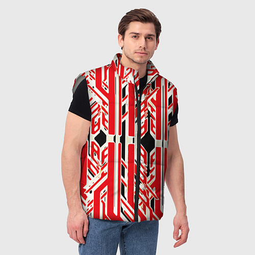 Мужской жилет Бело-красные техно полосы на чёрном фоне / 3D-Светло-серый – фото 3