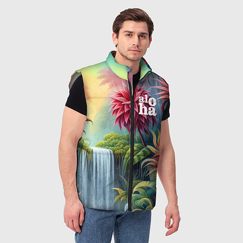 Мужской жилет Гавайские тропические цветы - алоха / 3D-Светло-серый – фото 3