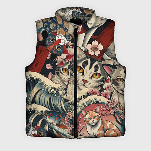 Мужской жилет Котики и рыбки в сакуре / 3D-Светло-серый – фото 1