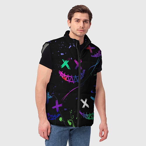 Мужской жилет Неновые краски - лица крипи смайл / 3D-Светло-серый – фото 3