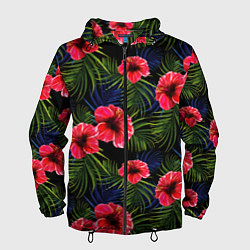 Ветровка с капюшоном мужская Тропические цветы и листья, цвет: 3D-черный