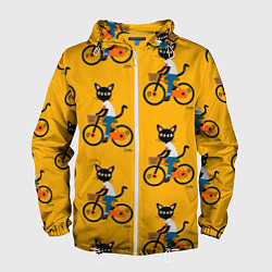 Ветровка с капюшоном мужская Котики на велосипедах, цвет: 3D-белый