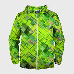 Ветровка с капюшоном мужская Ярко-зеленый абстрактный узор, цвет: 3D-белый
