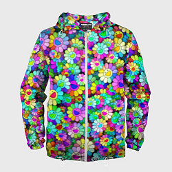 Ветровка с капюшоном мужская Rainbow flowers, цвет: 3D-белый