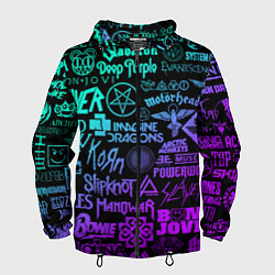 Ветровка с капюшоном мужская ЛОГОТИПЫ РОК ГРУПП НЕОН ROCK NEON, цвет: 3D-черный