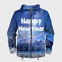 Ветровка с капюшоном мужская Космическая Зима Надпись Новый Год, цвет: 3D-черный