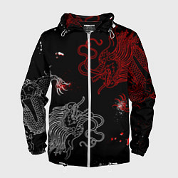 Ветровка с капюшоном мужская Китайский дракон Красно - Белый, цвет: 3D-белый
