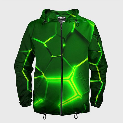 Мужская ветровка 3D ПЛИТЫ НЕОН NEON GREEN HEXAGON РАЗЛОМ / 3D-Черный – фото 1