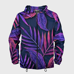 Ветровка с капюшоном мужская Neon Tropical plants pattern, цвет: 3D-черный