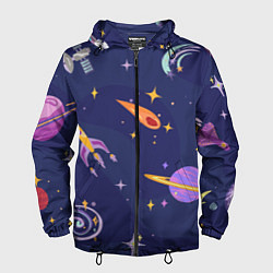 Ветровка с капюшоном мужская Космический дизайн с планетами, звёздами и ракетам, цвет: 3D-черный