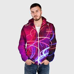 Ветровка с капюшоном мужская Неоновые линии и фонари - Красный, цвет: 3D-белый — фото 2