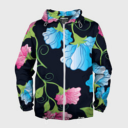 Ветровка с капюшоном мужская Яркие удивительные цветы в летней ночи, цвет: 3D-белый