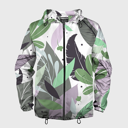 Мужская ветровка Зелёные, серые, голубые, сиреневые листья на белом / 3D-Черный – фото 1
