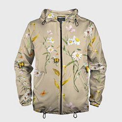 Ветровка с капюшоном мужская Нарисованные Цветы Ромашки и Пчёлы, цвет: 3D-черный