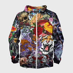 Ветровка с капюшоном мужская Рисунок в стиле tatoo, цвет: 3D-белый