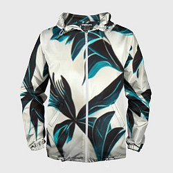 Ветровка с капюшоном мужская Листья тропические тёмно-синие, цвет: 3D-белый