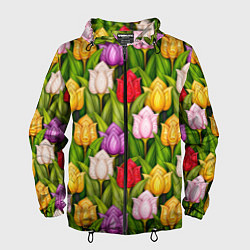 Ветровка с капюшоном мужская Объемные разноцветные тюльпаны, цвет: 3D-черный