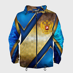 Ветровка с капюшоном мужская Золотой герб России на синем объемном фоне, цвет: 3D-черный
