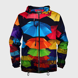 Ветровка с капюшоном мужская Разноцветные зонтики - композиция, цвет: 3D-черный