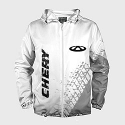 Ветровка с капюшоном мужская Chery speed на светлом фоне со следами шин: надпис, цвет: 3D-белый