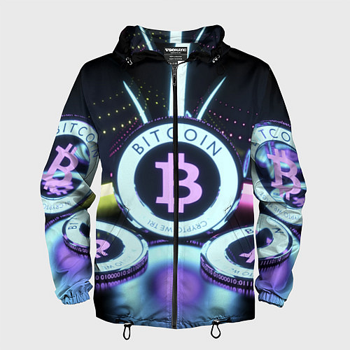Мужская ветровка Неоновый светящийся биткоин / 3D-Черный – фото 1