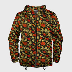 Ветровка с капюшоном мужская Хохлома - красные ягоды, цвет: 3D-черный