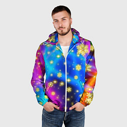 Ветровка с капюшоном мужская Снежинки и звезды - яркие цвета, цвет: 3D-белый — фото 2