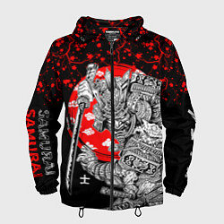 Ветровка с капюшоном мужская Самурай и сакура на черном фоне, цвет: 3D-черный