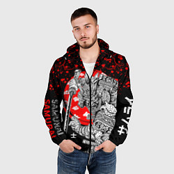 Ветровка с капюшоном мужская Самурай и сакура на черном фоне, цвет: 3D-черный — фото 2