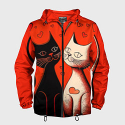 Ветровка с капюшоном мужская Влюблённые кошки на красном фоне, цвет: 3D-черный